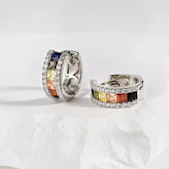 925 Sterling Small Huggie Earrings with Multi-Colored Stones and Bling #641 - Picture 3 of 7